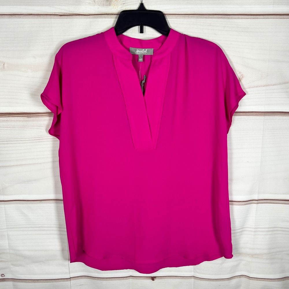 Marled Essentials V-Neck Top Womens Size S Pink Solid Short Sleeve Blouse